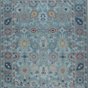 Turquoise Oushak floral hand-knotted wool area rug, full overhead view