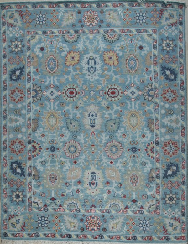 Turquoise oushak floral hand-knotted wool area rug, full overhead view