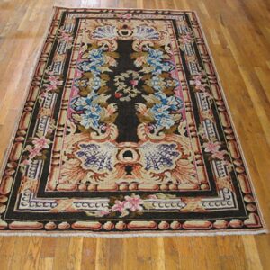 1760s Black Floral Medallion Antique English Axminster Rug 4' X 7' Knotted Wool Carpet - detail view 1