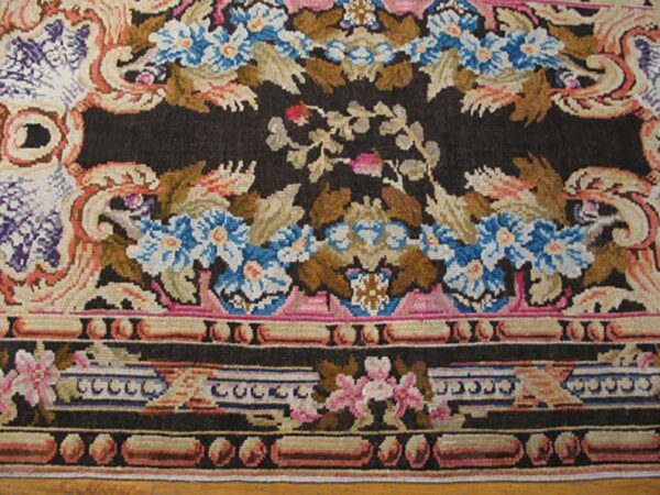 1760s black floral medallion antique english axminster rug 4' x 7' knotted wool carpet 3 1760s black floral medallion antique english axminster rug 4' x 7' knotted wool carpet - detail view 2