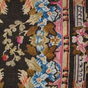 1760s Black Floral Medallion Antique English Axminster Rug 4' X 7' Knotted Wool Carpet - detail view 3