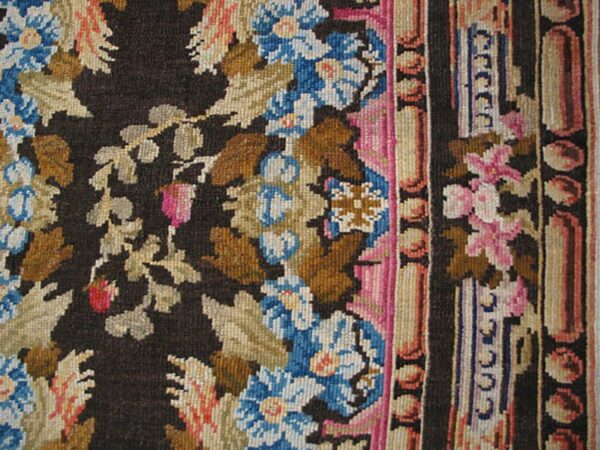 1760s black floral medallion antique english axminster rug 4' x 7' knotted wool carpet 4 1760s black floral medallion antique english axminster rug 4' x 7' knotted wool carpet - detail view 3