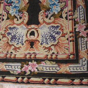 1760s Black Floral Medallion Antique English Axminster Rug 4' X 7' Knotted Wool Carpet - detail view 5