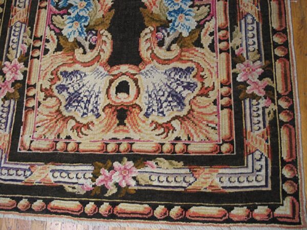 1760s black floral medallion antique english axminster rug 4' x 7' knotted wool carpet 6 1760s black floral medallion antique english axminster rug 4' x 7' knotted wool carpet - detail view 5