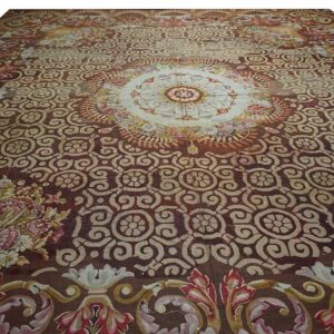 1830s Brown Medallion Antique French Charles X Period Aubusson Rug 14'8"x15' Flatweave Wool Carpet - detail view 1