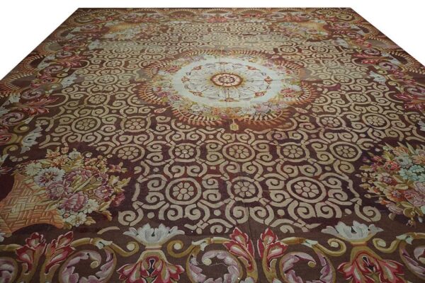 1830s brown medallion antique french charles x period aubusson rug 14'8"x15' flatweave wool carpet 2 1830s brown medallion antique french charles x period aubusson rug 14'8"x15' flatweave wool carpet - detail view 1
