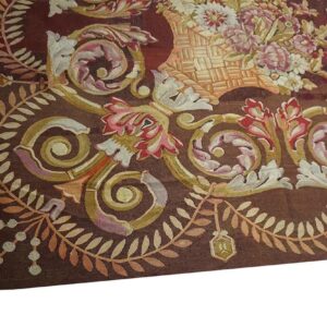 1830s Brown Medallion Antique French Charles X Period Aubusson Rug 14'8"x15' Flatweave Wool Carpet - detail view 2