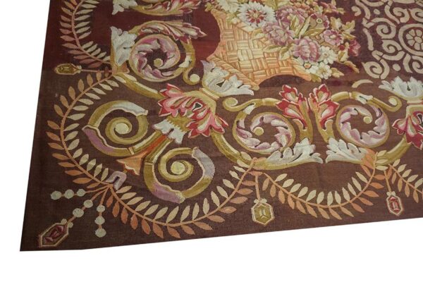 1830s brown medallion antique french charles x period aubusson rug 14'8"x15' flatweave wool carpet 3 1830s brown medallion antique french charles x period aubusson rug 14'8"x15' flatweave wool carpet - detail view 2