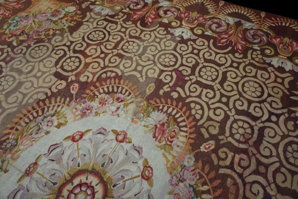 1830s brown medallion antique french charles x period aubusson rug 14'8"x15' flatweave wool carpet 4 1830s brown medallion antique french charles x period aubusson rug 14'8"x15' flatweave wool carpet - detail view 3