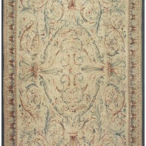 1840s Antique Beige French Aubusson Floral Handwoven Wool Oversized Rug