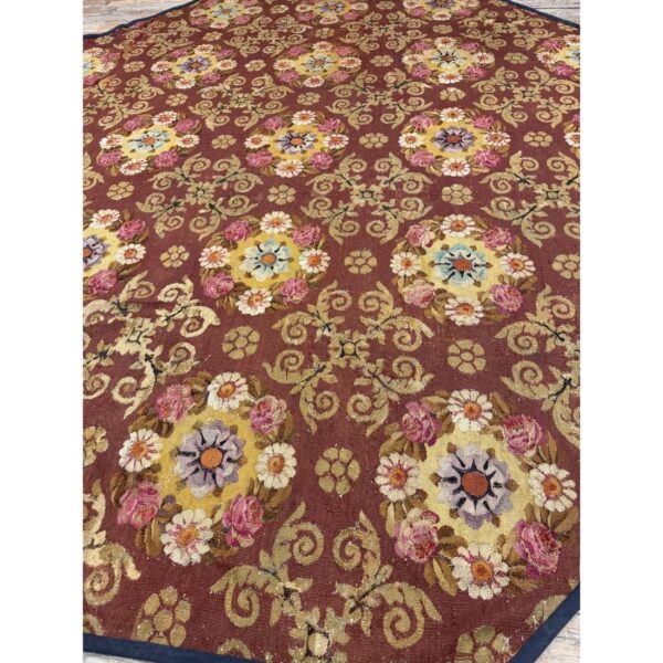 1840s burgundy ground floral antique european neoclassical aubusson round rug - detail view 9