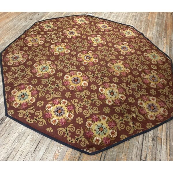 1840s burgundy ground floral antique european neoclassical aubusson round rug - detail view 1