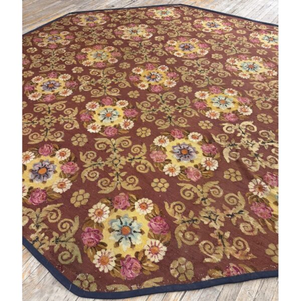 1840s burgundy ground floral antique european neoclassical aubusson round rug - detail view 2