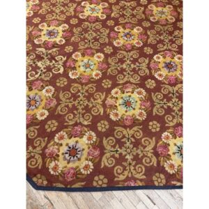1840s Burgundy Ground Floral Antique European Neoclassical Aubusson Round Rug - detail view 3