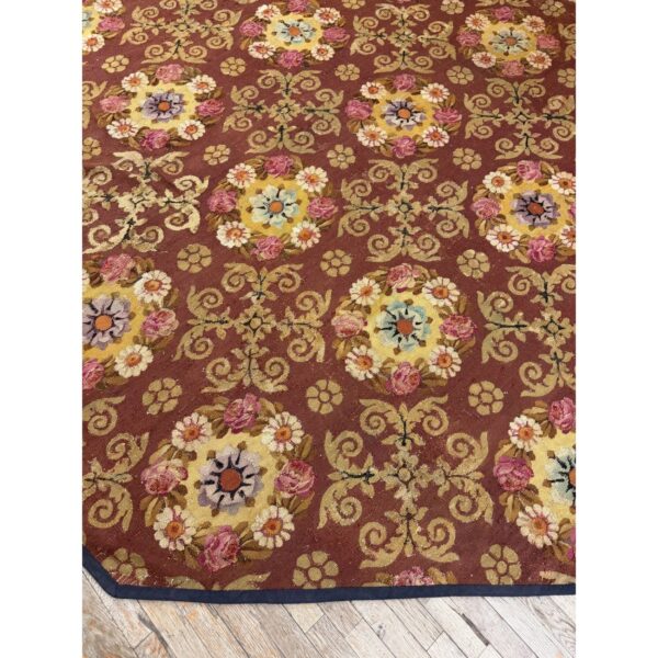 1840s burgundy ground floral antique european neoclassical aubusson round rug - detail view 3