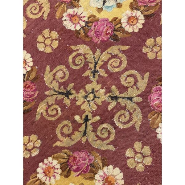 1840s burgundy ground floral antique european neoclassical aubusson round rug - detail view 5
