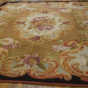 1850s Brown Medallion Floral Antique French Aubusson Carpet 8'10" X 10'10" Louis Philippe Period Wool Rug - detail view 1