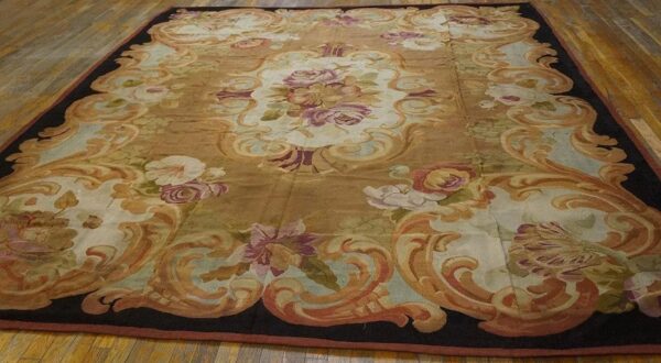 1850s brown medallion floral antique french aubusson carpet 8'10" x 10'10" louis philippe period wool rug 2 1850s brown medallion floral antique french aubusson carpet 8'10" x 10'10" louis philippe period wool rug - detail view 1