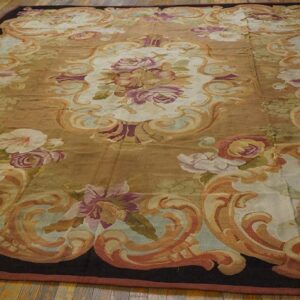 1850s Brown Medallion Floral Antique French Aubusson Carpet 8'10" X 10'10" Louis Philippe Period Wool Rug - detail view 7
