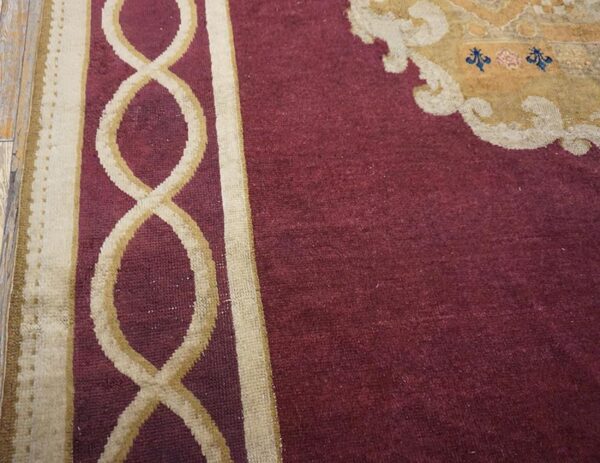 1860s red burgandy floral medallion antique english axminster rug 9' x 13' 3" handwoven wool carpet 4 1860s red burgandy floral medallion antique english axminster rug 9' x 13' 3" handwoven wool carpet - detail view 3