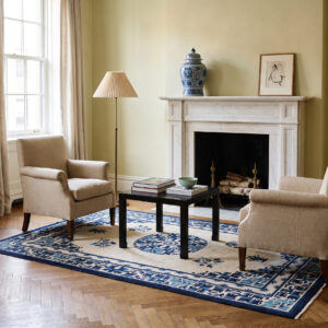 1880s Antique Chinese Ningxia Rug 5'4 x 8'3 in an Upper East Side sitting room, styled visualization