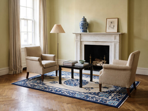 1880s antique chinese ningxia rug 5'4 x 8'3 in an upper east side sitting room, styled visualization