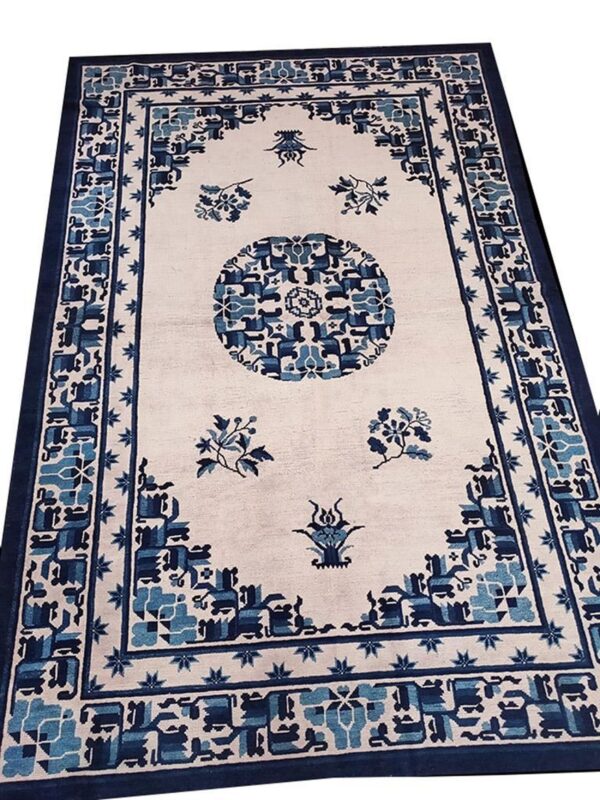 1880s ivory medallion antique chinese ningxia rug 5' 4" x 8' 3" handknotted wool carpet - detail view 1