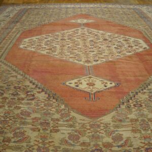 1880s Ivory Salmon Diamond Antique Persian Bakshaiesh Rug 15' X 18' Knotted Pile Wool Carpet - detail view 1