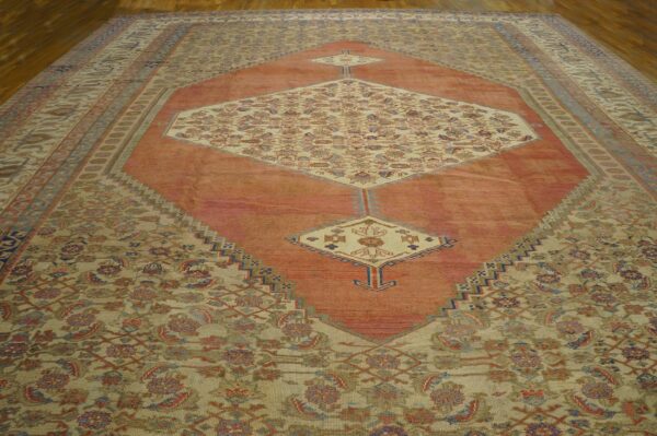 1880s ivory salmon diamond antique persian bakshaiesh rug 15' x 18' knotted pile wool carpet 2 1880s ivory salmon diamond antique persian bakshaiesh rug 15' x 18' knotted pile wool carpet - detail view 1