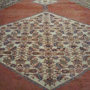 1880s Ivory Salmon Diamond Antique Persian Bakshaiesh Rug 15' X 18' Knotted Pile Wool Carpet - detail view 2
