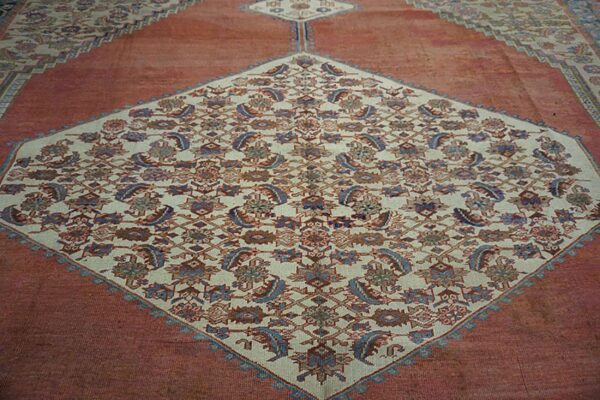 1880s ivory salmon diamond antique persian bakshaiesh rug 15' x 18' knotted pile wool carpet 3 1880s ivory salmon diamond antique persian bakshaiesh rug 15' x 18' knotted pile wool carpet - detail view 2