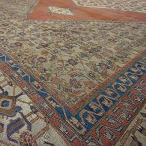 1880s Ivory Salmon Diamond Antique Persian Bakshaiesh Rug 15' X 18' Knotted Pile Wool Carpet - detail view 3