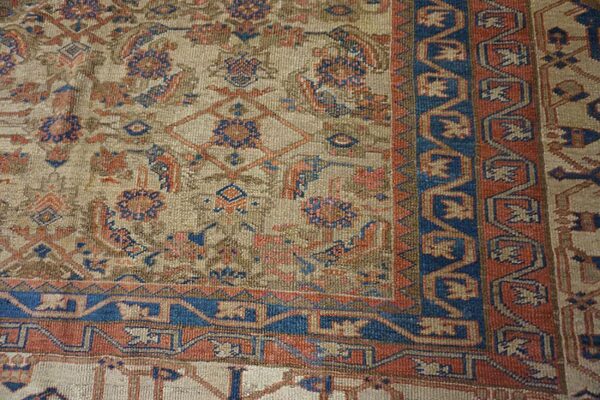1880s ivory salmon diamond antique persian bakshaiesh rug 15' x 18' knotted pile wool carpet 5 1880s ivory salmon diamond antique persian bakshaiesh rug 15' x 18' knotted pile wool carpet - detail view 4