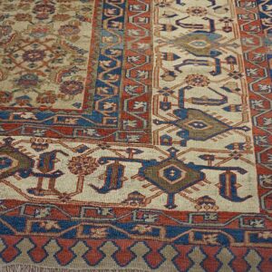 1880s Ivory Salmon Diamond Antique Persian Bakshaiesh Rug 15' X 18' Knotted Pile Wool Carpet - detail view 5