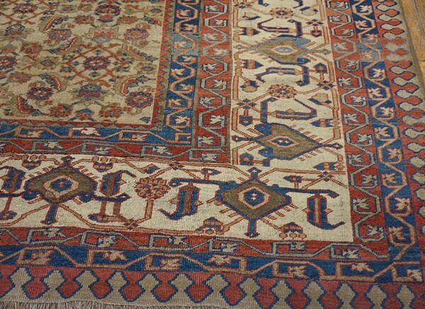 1880s ivory salmon diamond antique persian bakshaiesh rug 15' x 18' knotted pile wool carpet 6 1880s ivory salmon diamond antique persian bakshaiesh rug 15' x 18' knotted pile wool carpet - detail view 5