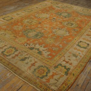 1880s Orange Tangerine Large Scale Antique Turkish Oushak Rug 8'4''x 11'2'' Handknotted Wool Carpet - detail view 1