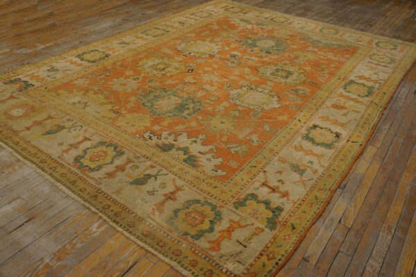 1880s orange tangerine large scale antique turkish oushak rug 8'4''x 11'2'' handknotted wool carpet - detail view 1