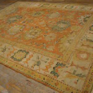 1880s Orange Tangerine Large Scale Antique Turkish Oushak Rug 8'4''x 11'2'' Handknotted Wool Carpet - detail view 2