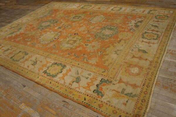 1880s orange tangerine large scale antique turkish oushak rug 8'4''x 11'2'' handknotted wool carpet - detail view 2