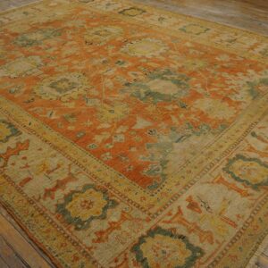 1880s Orange Tangerine Large Scale Antique Turkish Oushak Rug 8'4''x 11'2'' Handknotted Wool Carpet - detail view 4