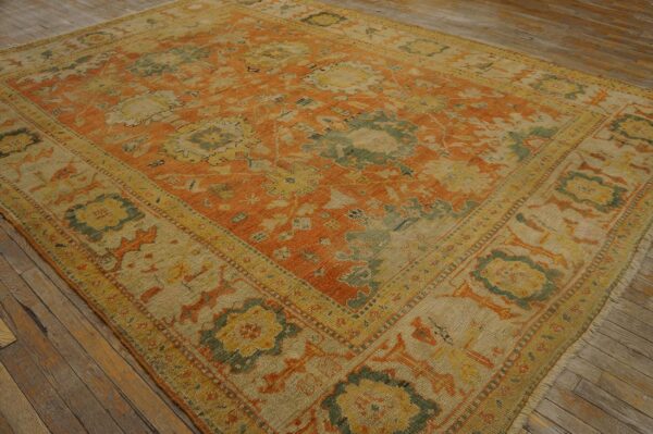 1880s orange tangerine large scale antique turkish oushak rug 8'4''x 11'2'' handknotted wool carpet - detail view 4