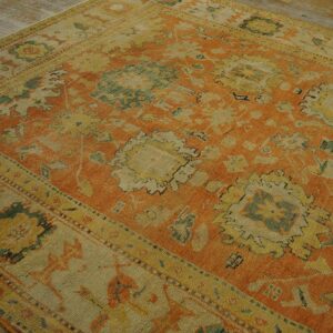 1880s Orange Tangerine Large Scale Antique Turkish Oushak Rug 8'4''x 11'2'' Handknotted Wool Carpet - detail view 6