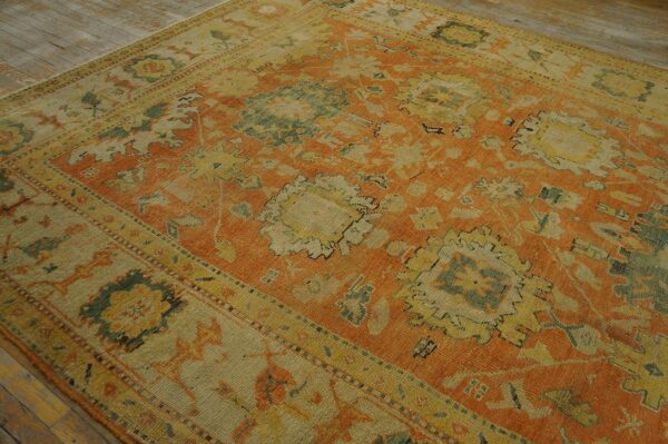1880s orange tangerine large scale antique turkish oushak rug 8'4''x 11'2'' handknotted wool carpet - detail view 6