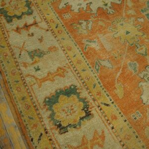 1880s Orange Tangerine Large Scale Antique Turkish Oushak Rug 8'4''x 11'2'' Handknotted Wool Carpet - detail view 7