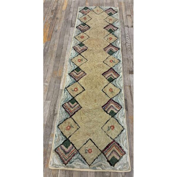 1880s rustic beige open field folk art runnner antique american wool hooked rug 2 1880s rustic beige open field folk art runnner antique american wool hooked rug - detail view 1