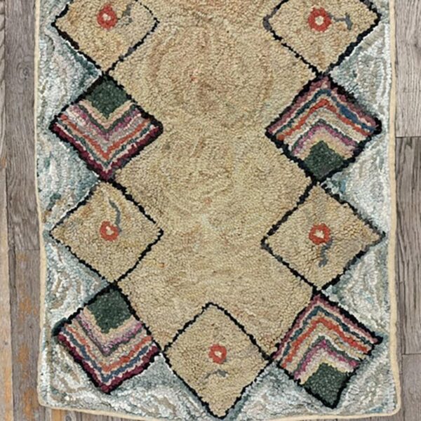 1880s rustic beige open field folk art runnner antique american wool hooked rug 3 1880s rustic beige open field folk art runnner antique american wool hooked rug - detail view 2