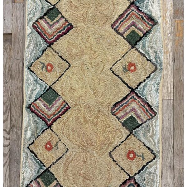 1880s rustic beige open field folk art runnner antique american wool hooked rug 4 1880s rustic beige open field folk art runnner antique american wool hooked rug - detail view 3