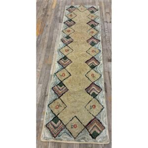 1880s Rustic Beige Open Field Folk Art Runnner Antique American Wool Hooked Rug - detail view 7
