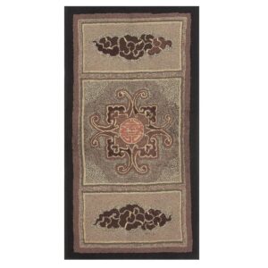 1880s Small Gray Medallion Shou SymbolsFolk Art Antique American Wool Hooked Rug - detail view 4