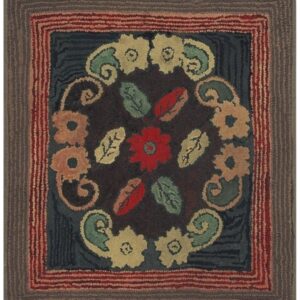 1880s Small Traditional Brown Leaves Folk Art Antique American Wool Hooked Rug